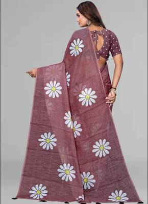 brown floral linen cotton digital print saree (brown) 5