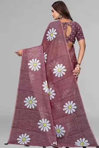brown floral linen cotton digital print saree (brown)