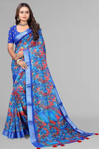 blue  linen  digital print saree (blue)