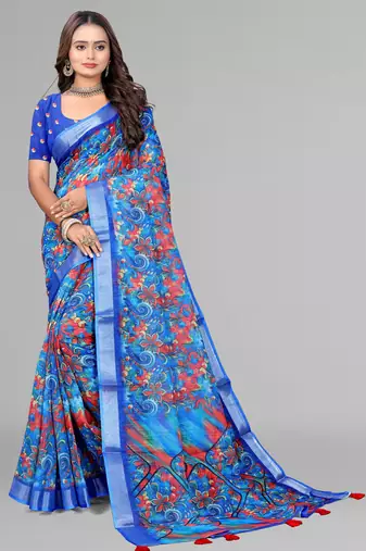 blue  linen  digital print saree (blue)