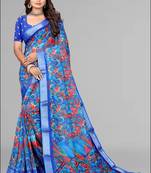 blue  linen  digital print saree (blue)