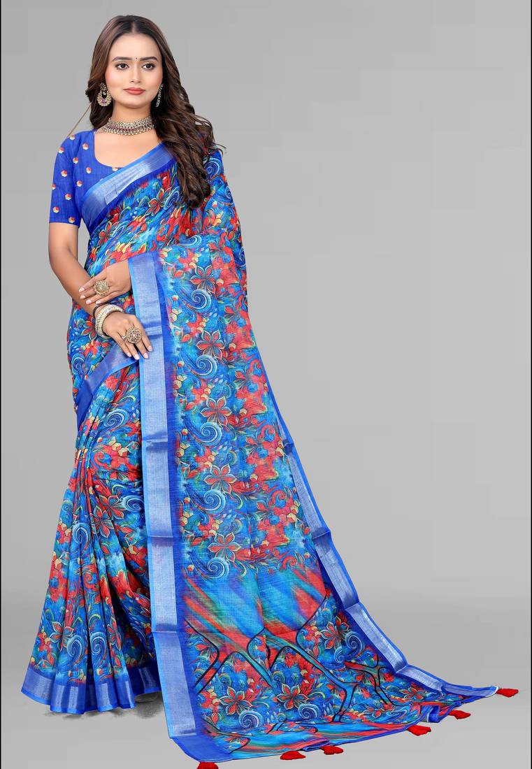 blue  linen  digital print saree (blue)