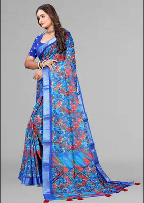 blue  linen  digital print saree (blue) 3
