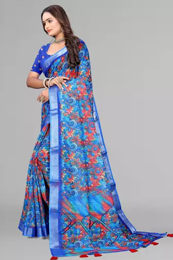 blue  linen  digital print saree (blue)