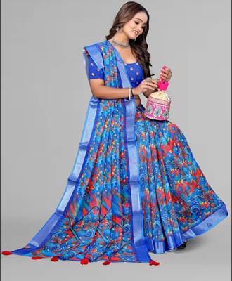 blue  linen  digital print saree (blue) 4