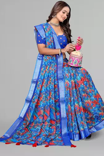 blue  linen  digital print saree (blue)