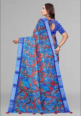 blue  linen  digital print saree (blue) 5