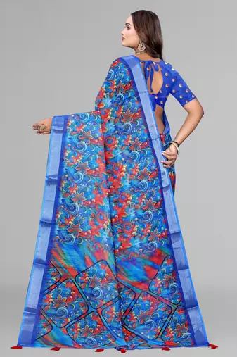 blue  linen  digital print saree (blue)