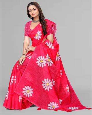 pink floral linen cotton digital print saree (pink) 1