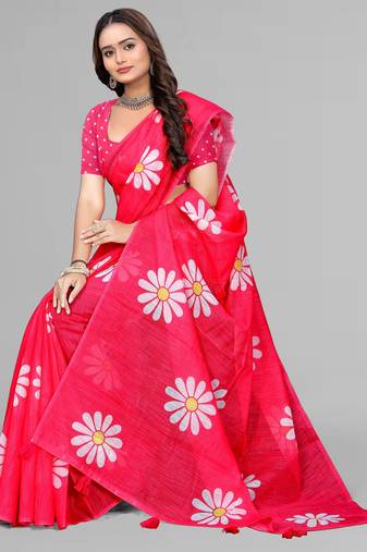 pink floral linen cotton digital print saree (pink)