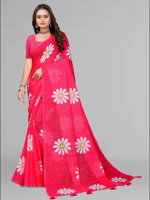 pink floral linen cotton digital print saree (pink) 3