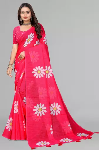 pink floral linen cotton digital print saree (pink)