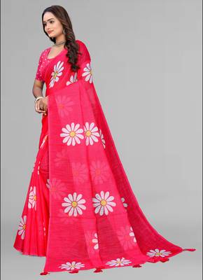 pink floral linen cotton digital print saree (pink) 4