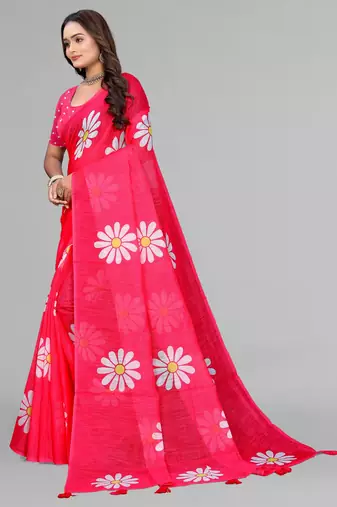 pink floral linen cotton digital print saree (pink)