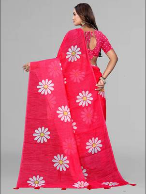 pink floral linen cotton digital print saree (pink) 5