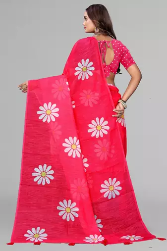 pink floral linen cotton digital print saree (pink)