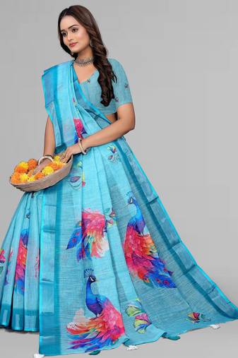 sky blue  linen  digital print saree (blue)