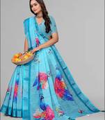 sky blue  linen  digital print saree (blue)