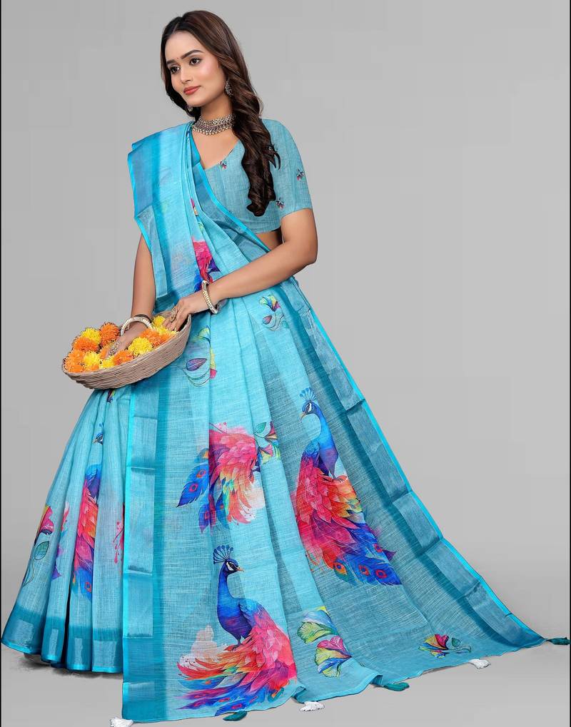 sky blue  linen  digital print saree (blue)