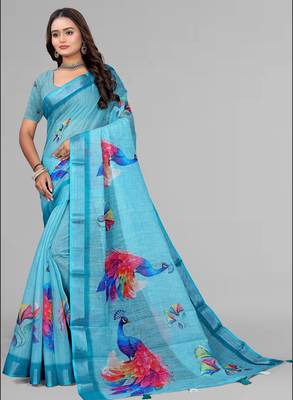sky blue  linen  digital print saree (blue) 3