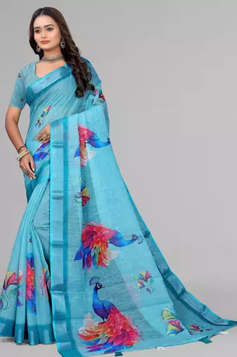 sky blue  linen  digital print saree (blue)