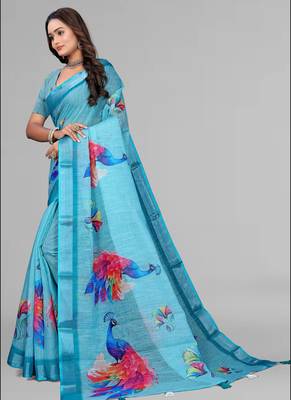 sky blue  linen  digital print saree (blue) 4