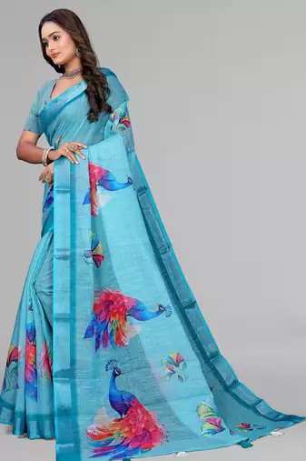 sky blue  linen  digital print saree (blue)