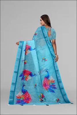 sky blue  linen  digital print saree (blue) 5