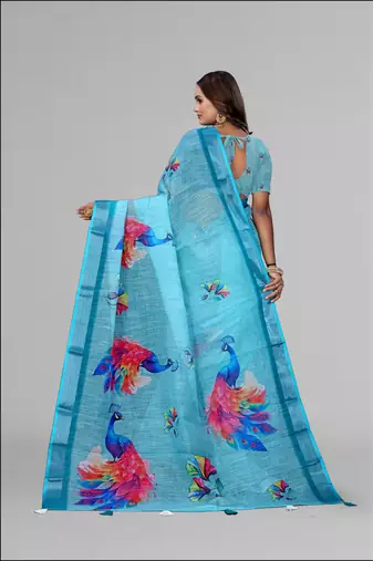 sky blue  linen  digital print saree (blue)