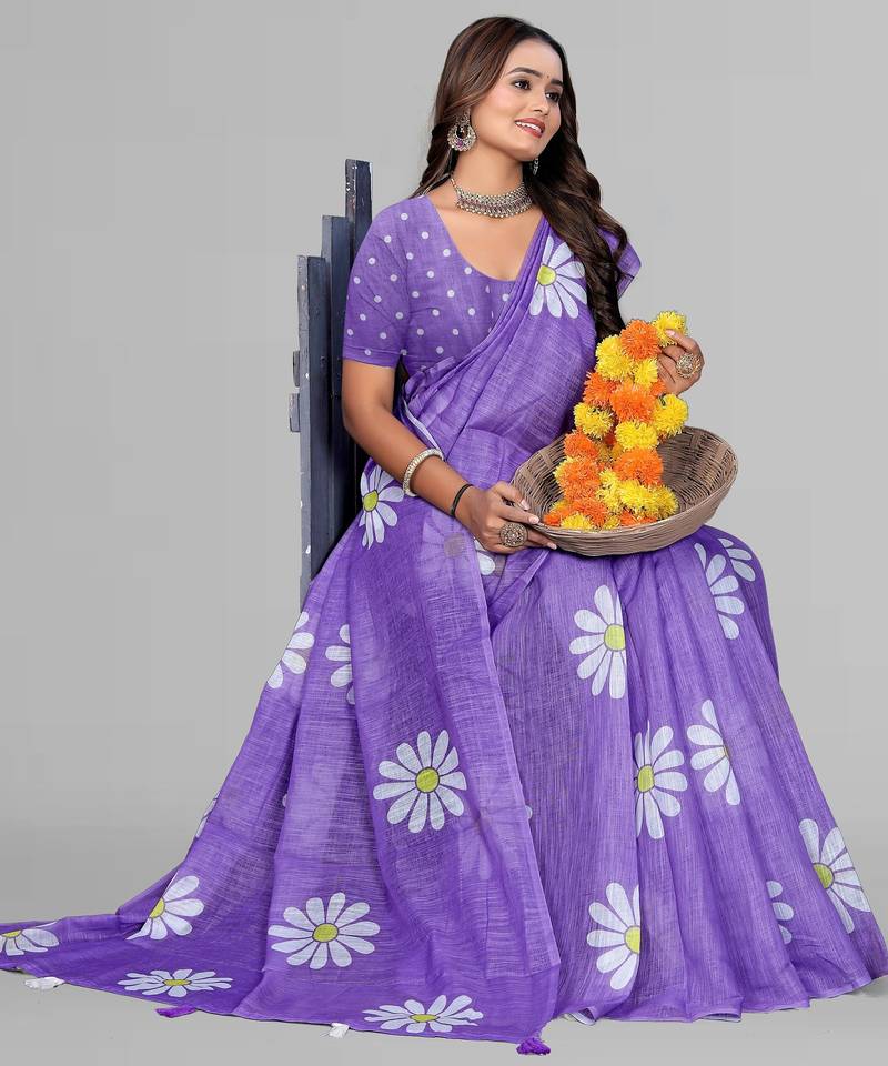 purple  linen  digital print saree (purple)