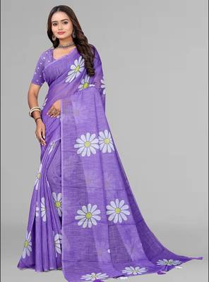 purple  linen  digital print saree (purple) 3