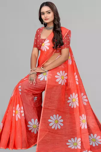 orange  linen  digital print saree (red)