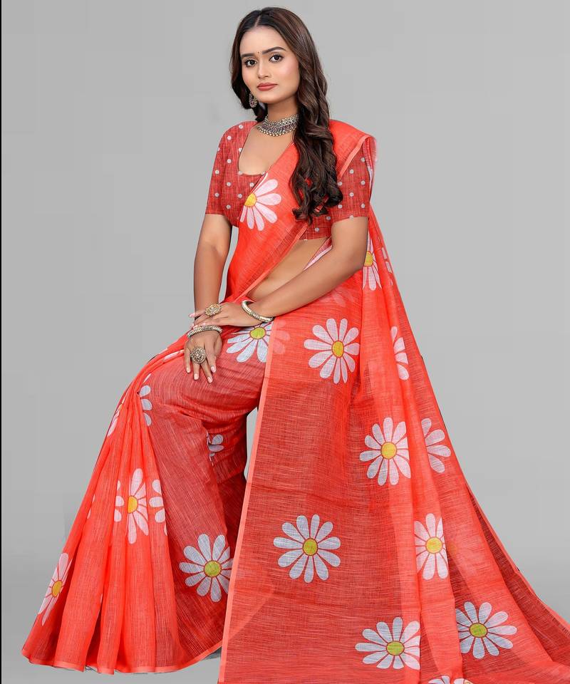 orange  linen  digital print saree (red)