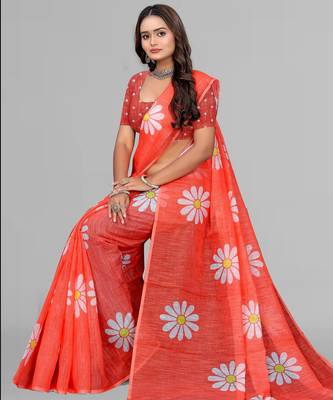 orange  linen  digital print saree (red) 2