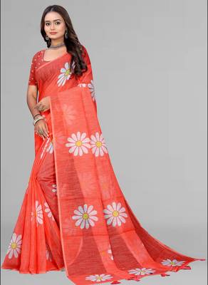 orange  linen  digital print saree (red) 3