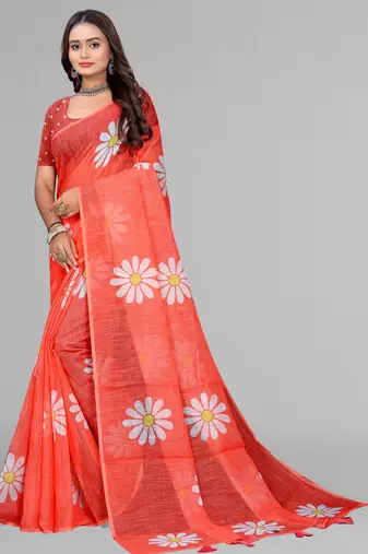 orange  linen  digital print saree (red)