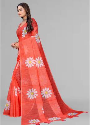orange  linen  digital print saree (red) 4