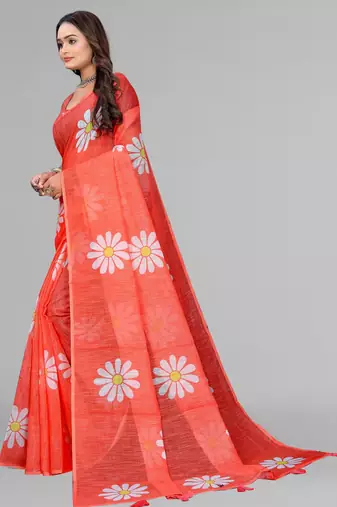 orange  linen  digital print saree (red)