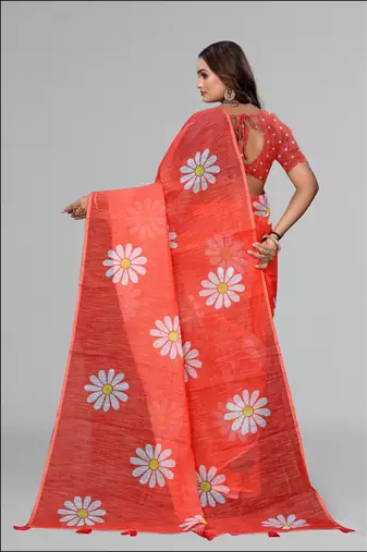 orange  linen  digital print saree (red)