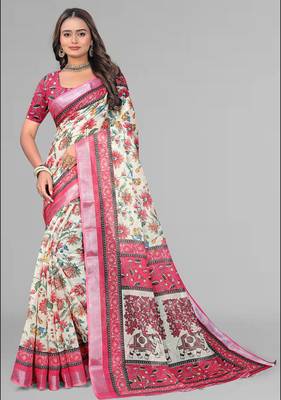 cream madhubani digital print saree (pink) 1