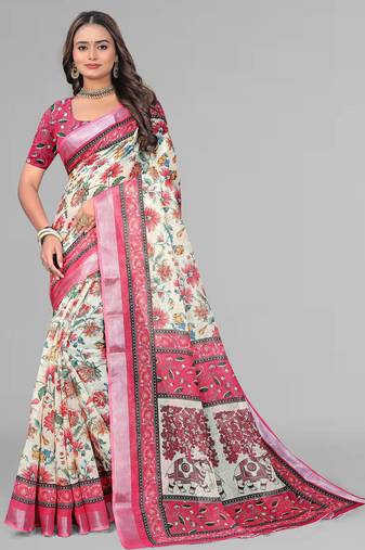 cream madhubani digital print saree (pink)