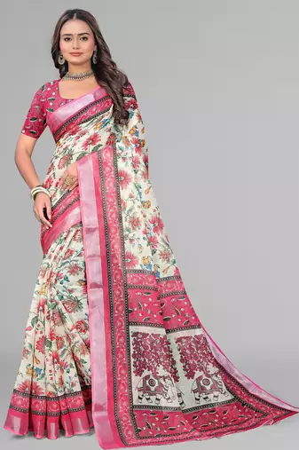 cream madhubani digital print saree (pink)