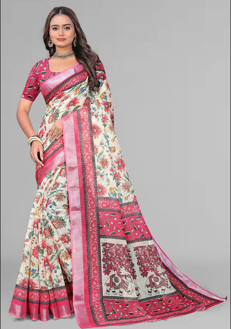 cream madhubani digital print saree (pink)