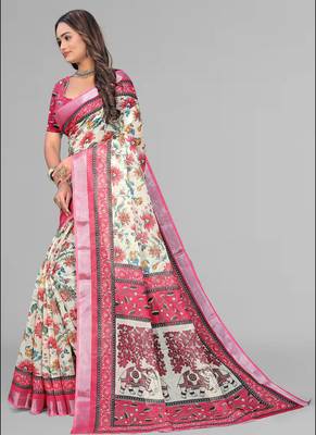 cream madhubani digital print saree (pink) 3