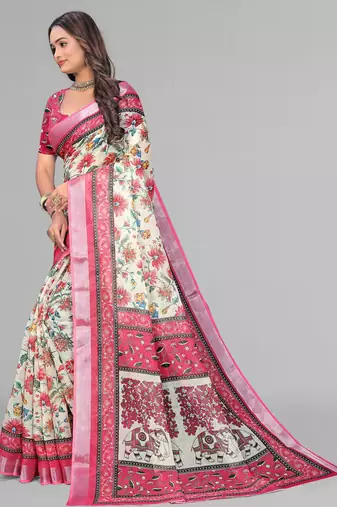 cream madhubani digital print saree (pink)