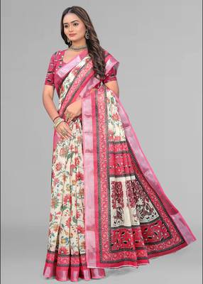 cream madhubani digital print saree (pink) 4
