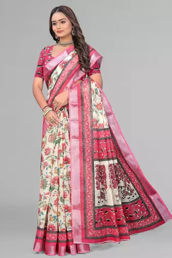 cream madhubani digital print saree (pink)