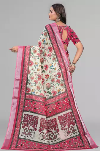cream madhubani digital print saree (pink)