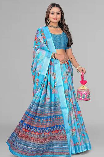 sky blue  linen cotton digital print saree (sky)