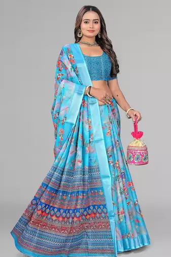 sky blue  linen cotton digital print saree (sky)